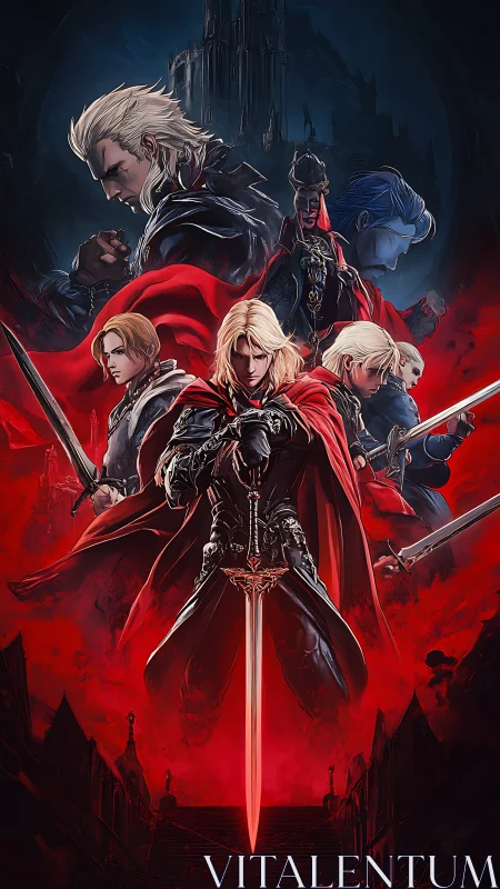 Gothic vampire swordsmen montage under crimson castle sky