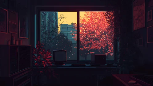 Interior workspace facing window with illuminated autumn tree.