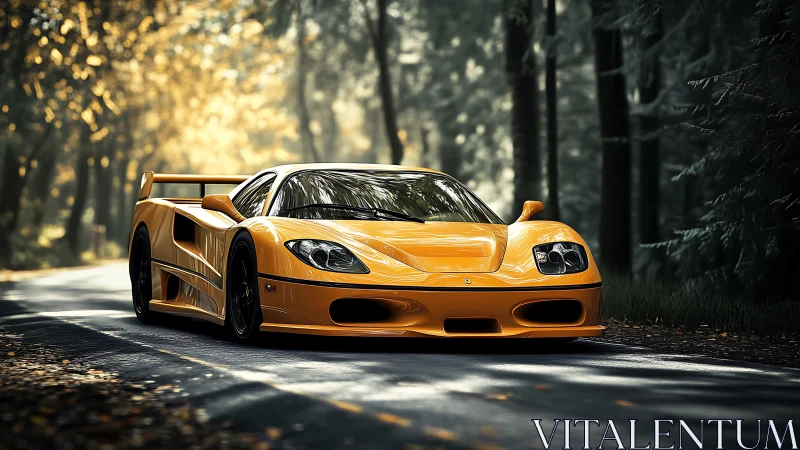 Golden supercar cruising through a quiet forest road.
