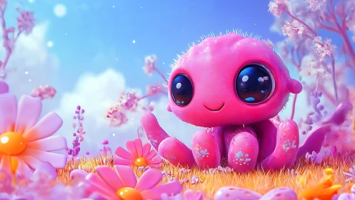 Cute pink octopus creature in bright fantasy meadow scene.