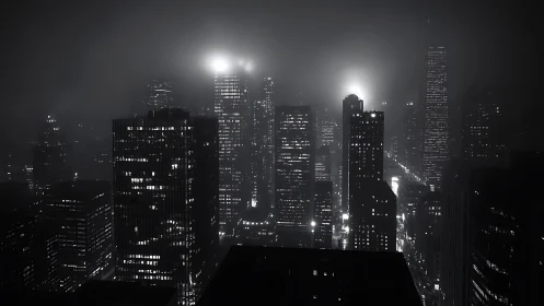 Midnight city skyline wrapped in fog and quiet light.