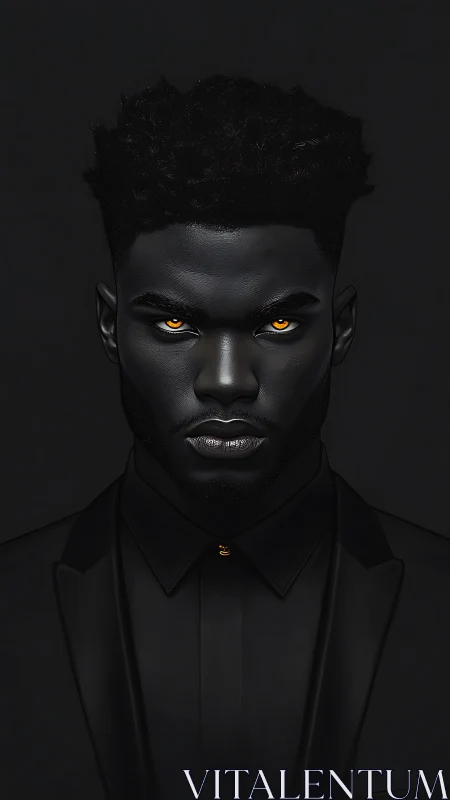 Monochrome male portrait with luminous amber eyes in black.