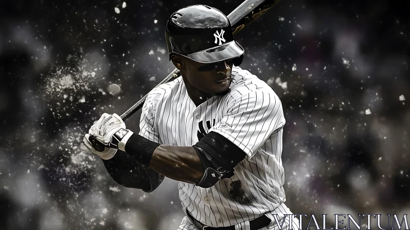 Pinstripe slugger readies thunderous swing in cosmic dust.