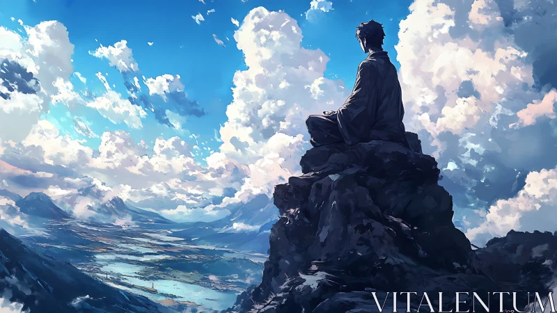 Solitary figure seated on rocky peak under dense cloud field.