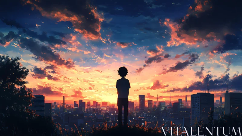 Silhouetted teenager observes illuminated city skyline at dusk