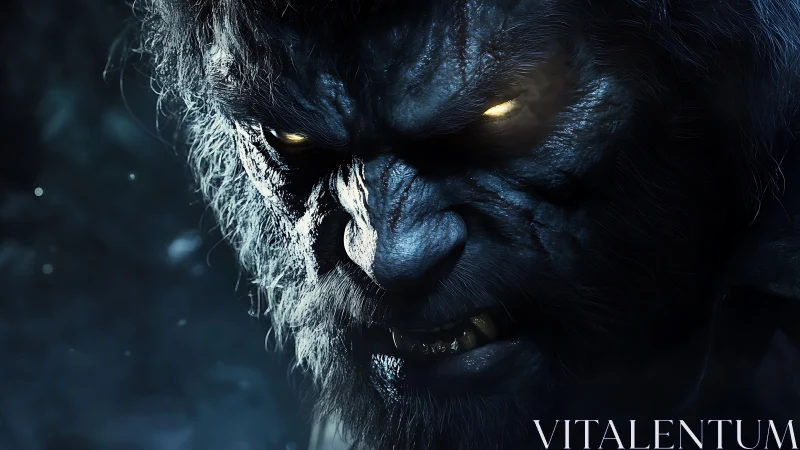 Werewolf snarl under cold moonlight with burning yellow eyes.