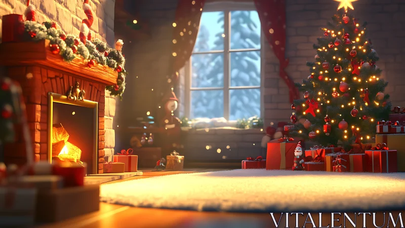 Cozy Christmas hearth and glowing tree in snowy cottage.