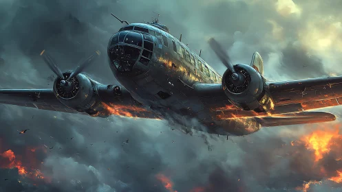 Wartime bomber cuts through stormlit inferno sky in descent.