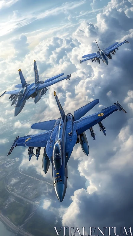 Blue fighter jet trio cuts through sunlit high-altitude clouds