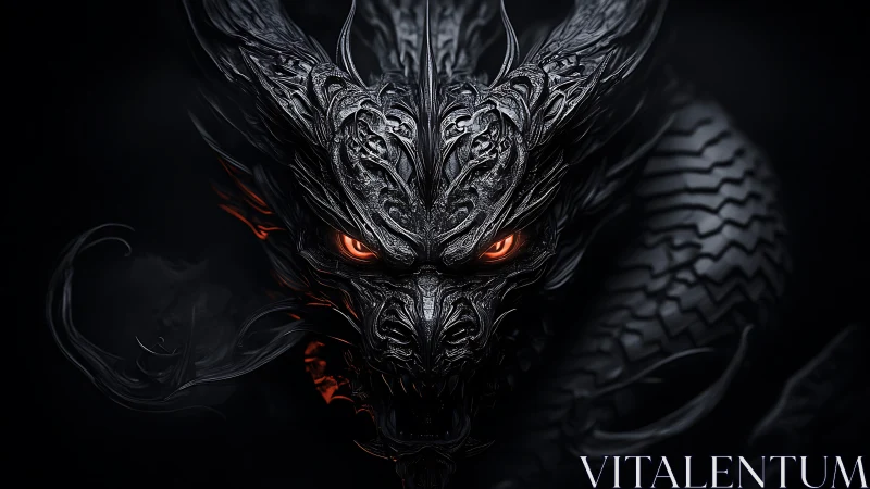 Ember-eyed obsidian dragon coiled in stormlit shadow.