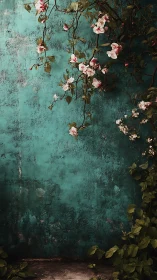Peach blossoms trailing over aged textured teal wall.