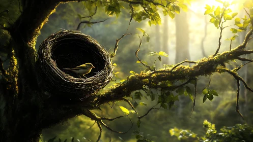 Sunlit forest cradle holds a patient songbird on watch