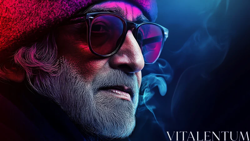 Elderly man in neon light wearing glasses and beanie hat.