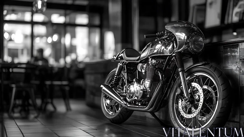 Chrome cafe racer shines quietly inside a cozy urban café