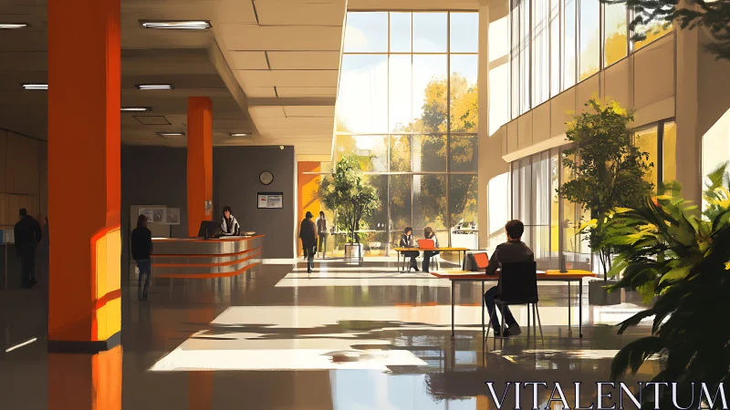 Sunlit double-height atrium workspace with strong linear perspective