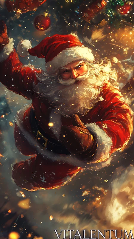 Dynamic aerial Santa in high-energy festive motion field.