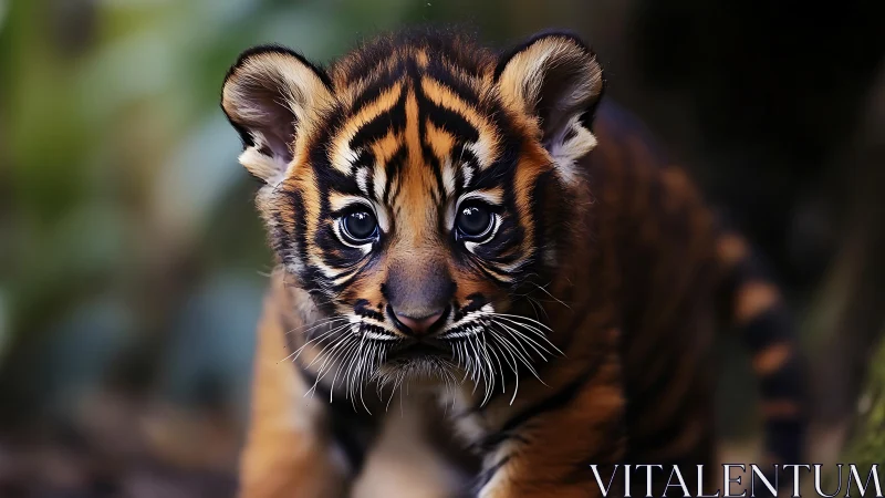 Close-up study of tiger cub facial markings and whisker detail