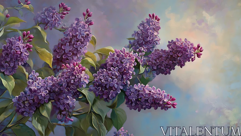 Chromatic lilac inflorescences on softly diffused bokeh sky.