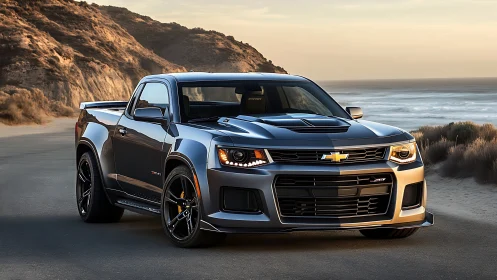 Coastal sunset muscle truck glowing with sleek gray power.
