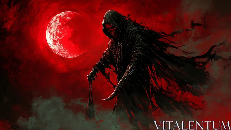 Hooded reaper silhouette under saturated crimson lunar halo.