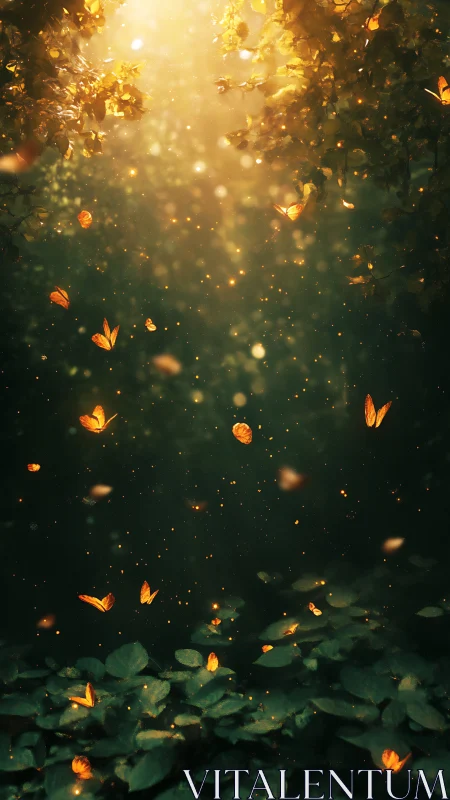Golden butterflies in dense foliage under filtered light.