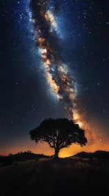 Lone tree silhouette under dense Milky Way night sky.