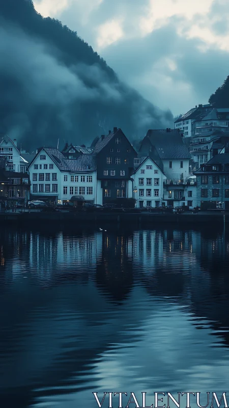 Waterfront townhouses are reflected in a calm fjord surface