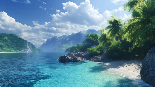 Tropical Fjord Cove with Palm Trees and Mountain Backdrop