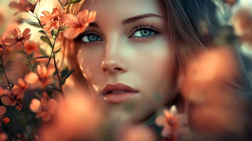 Hyper-detailed female portrait framed by shallow-depth floral bokeh field