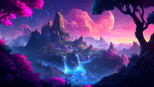 Fantastical neon valley with cascading waterfalls at sunset.