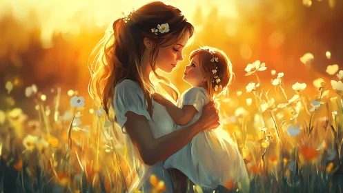 Mother holding child in warm sunset flower meadow scene