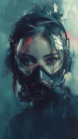 Female subject wearing gas mask rendered in digital style