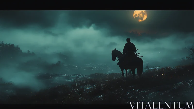 Lone rider on horseback in fog under full moon at night.