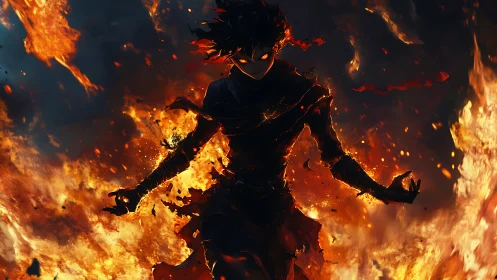 Fiery humanoid figure stands in dark flames with glowing eyes