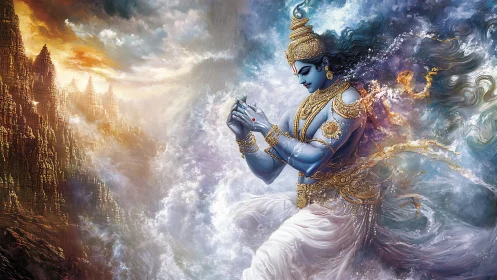 Blue divine figure amid swirling clouds and mountains.