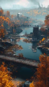 Industrial bridges over river in dense autumn forest valley.