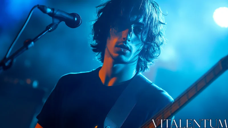 Live performance portrait shows guitarist under blue stage light