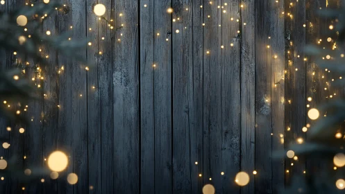 Soft golden fairy lights glow against rustic winter wood