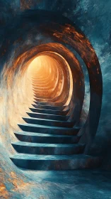 Spiral stone staircase ascends toward a glowing warm portal.