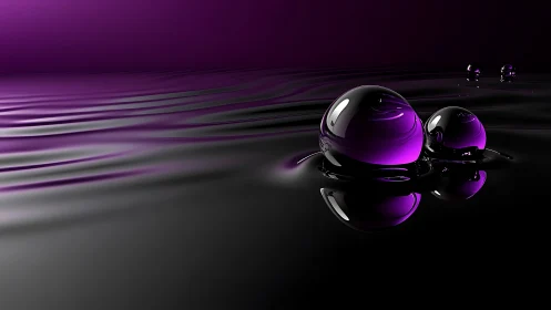 Purple reflective spheres on dark liquid surface at rest.