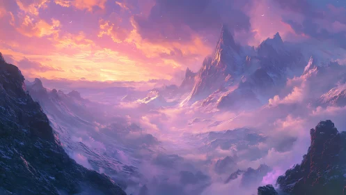 Volumetric-lit alpine spires rise above fog-filled glacial basin