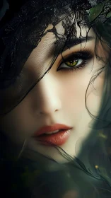 Digital portrait shows close female face with lace veil