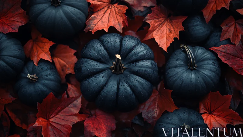 Midnight pumpkins rest softly among glowing red leaves