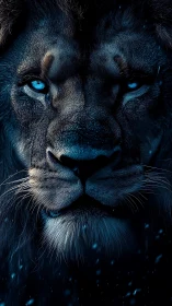 Blue-eyed lion portrait in dramatic dark lighting.