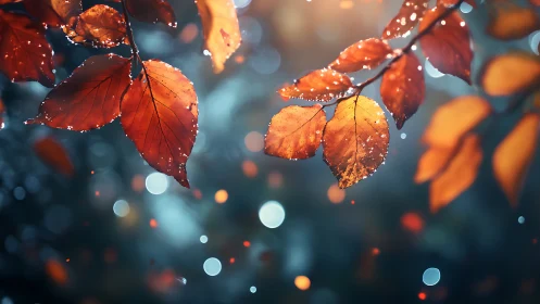 Macro autumn leaves with raindrops and bokeh highlights