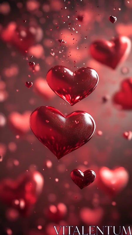 Multiple glossy red hearts suspended in soft bokeh environment.