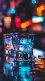 Glass containing ice with blurred bokeh light environment
