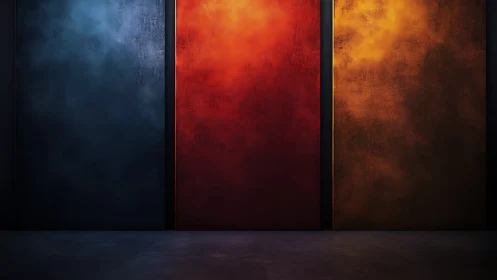 Triptych gradient panels in cinematic 3D environmental lighting.