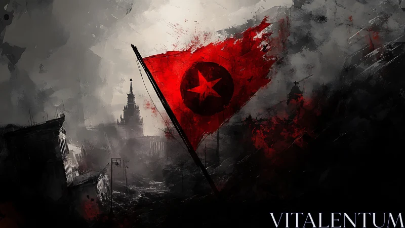 Weathered red banner over stormy ruined cityscape at dusk.