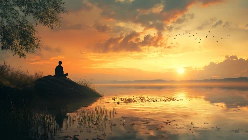 Solitary figure meditating by a tranquil lakeside sunrise.